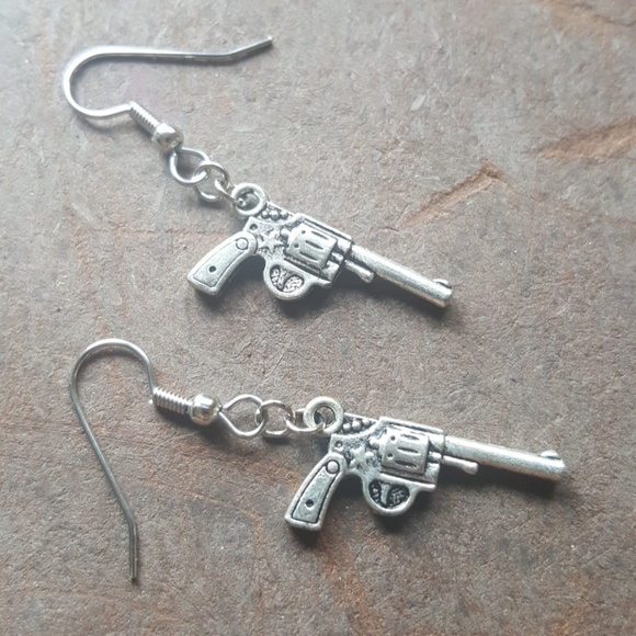 Pistol Revolver Gun Earrings - Picture 2 of 6